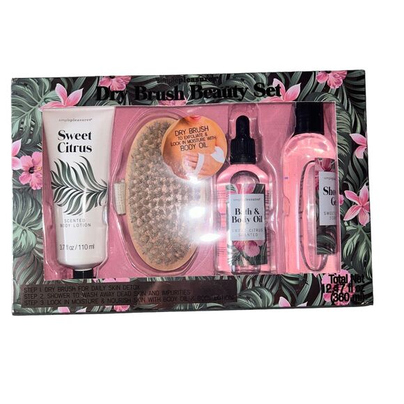 SimplePleasures Dry Brush Beauty Set Sweet Citrus Scent, Brush, Lotion, Oil, Gel - Picture 1 of 5